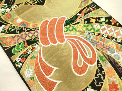 平和屋着物◎六通柄袋帯　唐織　束ね熨斗花鳥文　黒地　金糸　正絹　逸品　DABJ2611ya