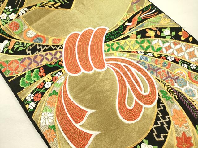 平和屋着物◎六通柄袋帯　唐織　束ね熨斗花鳥文　黒地　金糸　正絹　逸品　DABJ2611ya