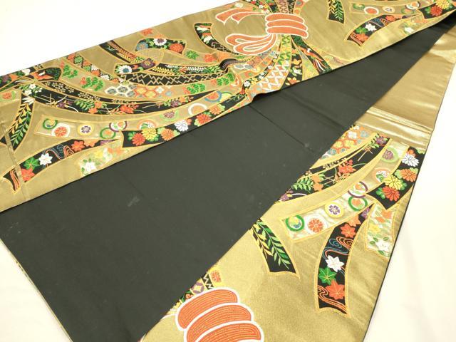 平和屋着物◎六通柄袋帯　唐織　束ね熨斗花鳥文　黒地　金糸　正絹　逸品　DABJ2611ya