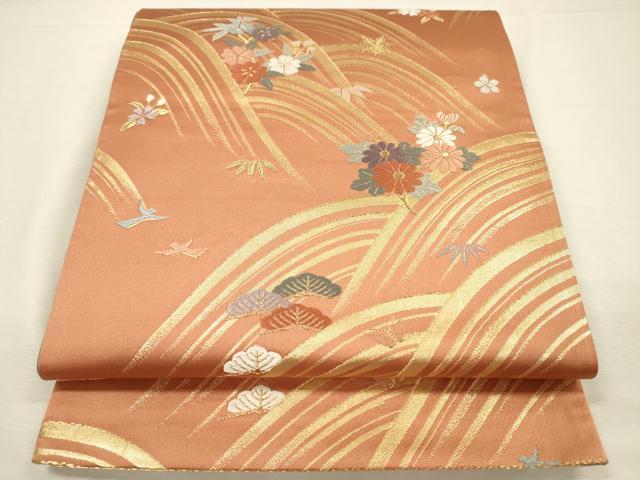 平和屋着物◎六通柄袋帯　唐織　立波花文　金糸　正絹　逸品　DABJ2615ya