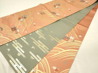 平和屋着物◎六通柄袋帯　唐織　立波花文　金糸　正絹　逸品　DABJ2615ya