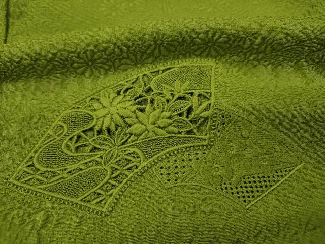 平和屋着物■中国三大刺繍　スワトウ刺繍　汕頭刺繍　総刺繍　無地絵羽訪問着　地紙花文　草色　正絹　逸品　DABJ2639ya