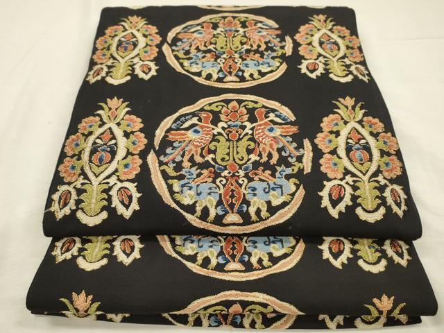 平和屋着物◎六通柄袋帯　唐織　更紗花鳥文　黒地　正絹　逸品　DABJ2663ya