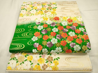 平和屋着物◎六通柄袋帯　唐織　流水花文　金糸　正絹　逸品　DABJ2664ya