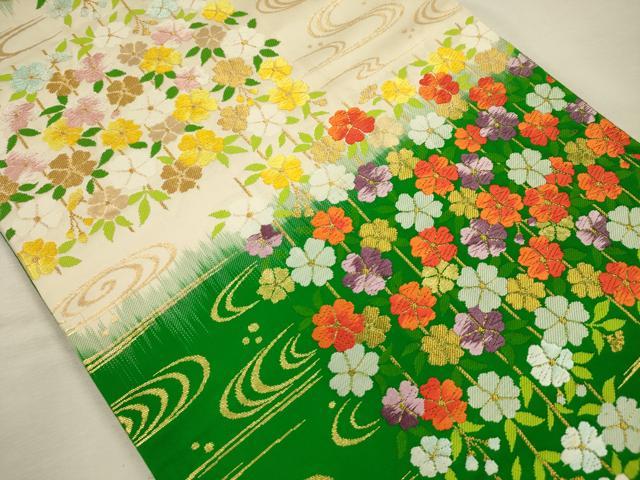 平和屋着物◎六通柄袋帯　唐織　流水花文　金糸　正絹　逸品　DABJ2664ya
