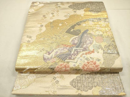 平和屋着物◎六通柄袋帯　人物花文　鴛鴦　プラチナ二重箔　正絹　逸品　DABJ2667ya