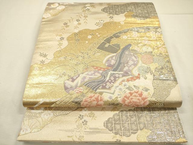 平和屋着物◎六通柄袋帯　人物花文　鴛鴦　プラチナ二重箔　正絹　逸品　DABJ2667ya