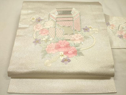平和屋着物◎九寸名古屋帯　総刺繍　駒刺繍　貝桶花文　金銀糸　正絹　逸品　DABJ2673ya