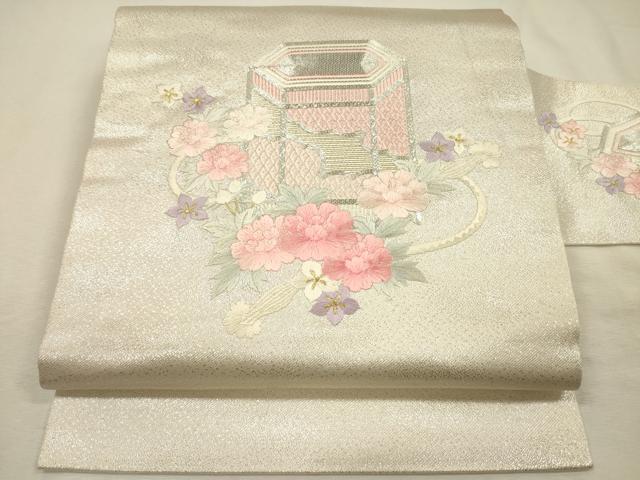 平和屋着物◎九寸名古屋帯　総刺繍　駒刺繍　貝桶花文　金銀糸　正絹　逸品　DABJ2673ya