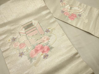 平和屋着物◎九寸名古屋帯　総刺繍　駒刺繍　貝桶花文　金銀糸　正絹　逸品　DABJ2673ya