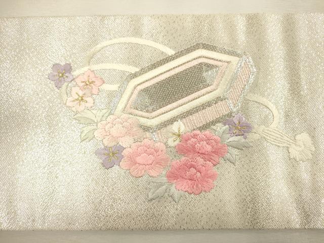 平和屋着物◎九寸名古屋帯　総刺繍　駒刺繍　貝桶花文　金銀糸　正絹　逸品　DABJ2673ya