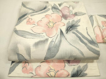 平和屋着物◎八寸名古屋帯　紬地　草花文　正絹　逸品　DABJ2674ya