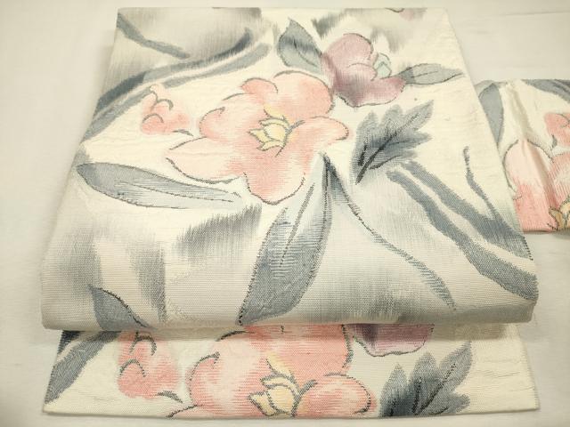 平和屋着物◎八寸名古屋帯　紬地　草花文　正絹　逸品　DABJ2674ya