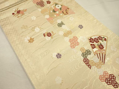 平和屋着物◎六通柄袋帯　唐織　扇面花文　金糸　正絹　逸品　DABJ2690ya