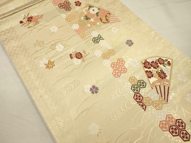 平和屋着物◎六通柄袋帯　唐織　扇面花文　金糸　正絹　逸品　DABJ2690ya