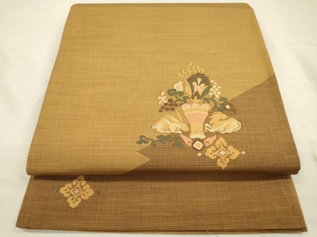 平和屋着物◎太鼓柄袋帯　すくい織　紬地　更紗花文　兎　正絹　逸品　DABJ2692ya