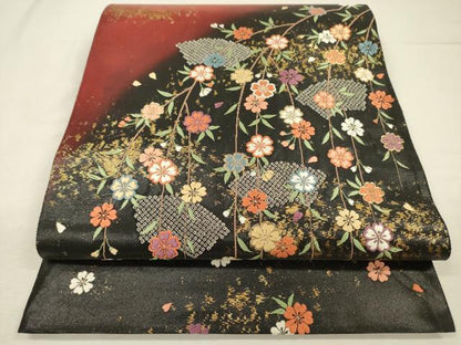 平和屋着物◎六通柄袋帯　唐織　舞扇枝垂桜模様　黒地　金糸　引箔　正絹　逸品　DABJ2697ya