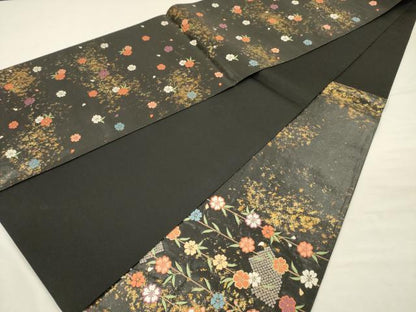 平和屋着物◎六通柄袋帯　唐織　舞扇枝垂桜模様　黒地　金糸　引箔　正絹　逸品　DABJ2697ya