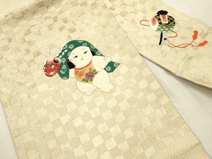 平和屋着物◎九寸名古屋帯　総刺繍　童子　獅子舞　金糸　正絹　逸品　DABJ2718ya