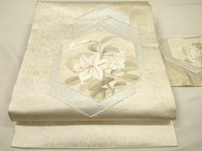 平和屋着物◎九寸名古屋帯　駒刺繍　草花文　銀糸　正絹　逸品　DABJ2720ya