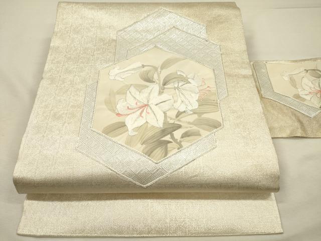 平和屋着物◎九寸名古屋帯　駒刺繍　草花文　銀糸　正絹　逸品　DABJ2720ya