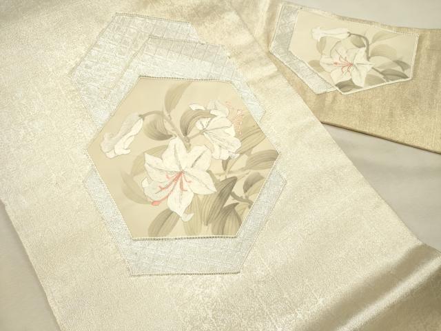平和屋着物◎九寸名古屋帯　駒刺繍　草花文　銀糸　正絹　逸品　DABJ2720ya