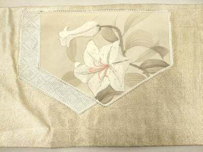 平和屋着物◎九寸名古屋帯　駒刺繍　草花文　銀糸　正絹　逸品　DABJ2720ya