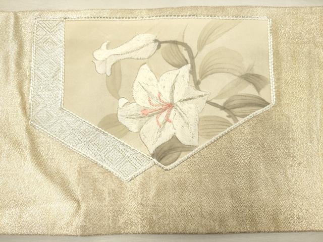 平和屋着物◎九寸名古屋帯　駒刺繍　草花文　銀糸　正絹　逸品　DABJ2720ya