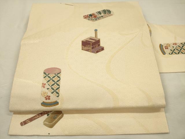 平和屋着物◎九寸名古屋帯　刺繍　器物文様　花簪　金糸　正絹　逸品　DABJ2723ya