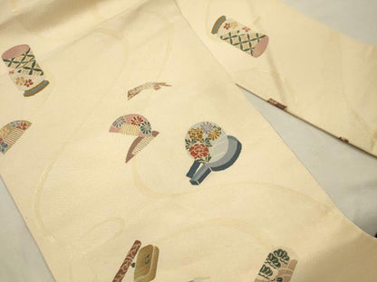 平和屋着物◎九寸名古屋帯　刺繍　器物文様　花簪　金糸　正絹　逸品　DABJ2723ya