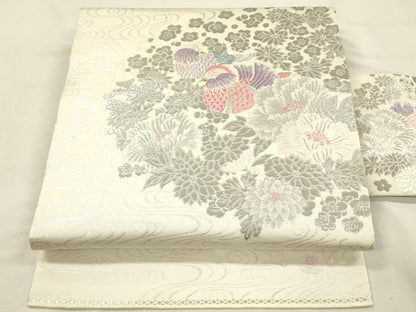 平和屋着物◎九寸名古屋帯　唐織　流水鴛鴦花文　プラチナ箔　正絹　逸品　DABJ2724ya