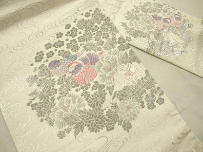 平和屋着物◎九寸名古屋帯　唐織　流水鴛鴦花文　プラチナ箔　正絹　逸品　DABJ2724ya