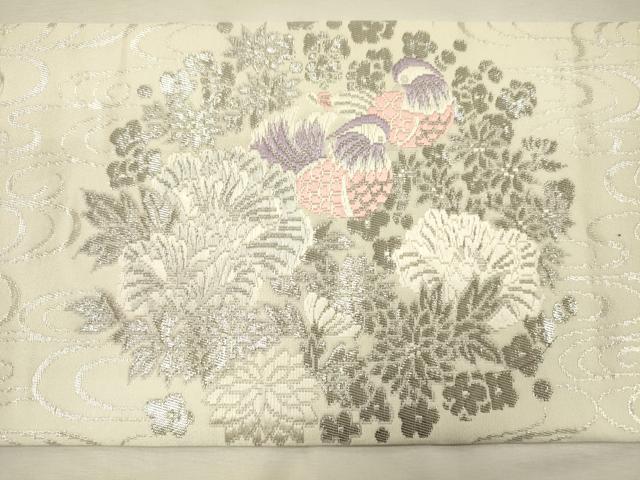 平和屋着物◎九寸名古屋帯　唐織　流水鴛鴦花文　プラチナ箔　正絹　逸品　DABJ2724ya