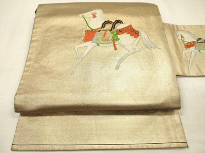 平和屋着物◎九寸名古屋帯　刺繍　馬　黒地　金糸　正絹　逸品　DABJ2742ya