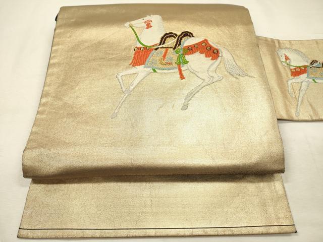 平和屋着物◎九寸名古屋帯　刺繍　馬　黒地　金糸　正絹　逸品　DABJ2742ya