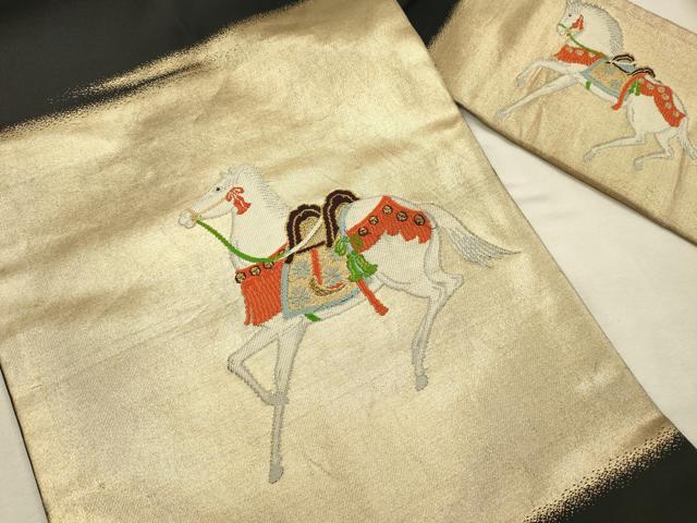 平和屋着物◎九寸名古屋帯　刺繍　馬　黒地　金糸　正絹　逸品　DABJ2742ya