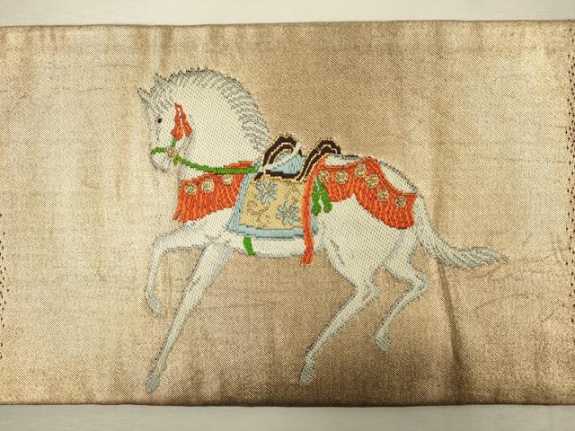平和屋着物◎九寸名古屋帯　刺繍　馬　黒地　金糸　正絹　逸品　DABJ2742ya