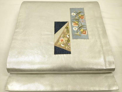 平和屋着物◎九寸開き名古屋帯　総刺繍　短冊花文　金糸　正絹　逸品　DABJ2750ya