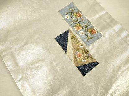 平和屋着物◎九寸開き名古屋帯　総刺繍　短冊花文　金糸　正絹　逸品　DABJ2750ya