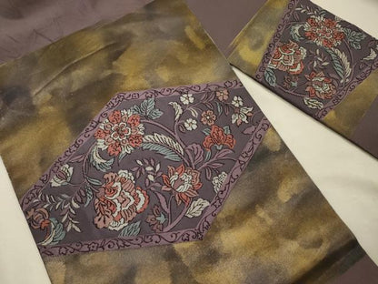 平和屋着物◎九寸名古屋帯　更紗花唐草文　正絹　逸品　DABJ2751ya
