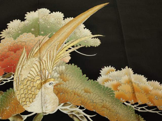 平和屋着物■豪華黒留袖　刺繍　尾長鳥　枝松　金彩　正絹　逸品　DABJ2776ya