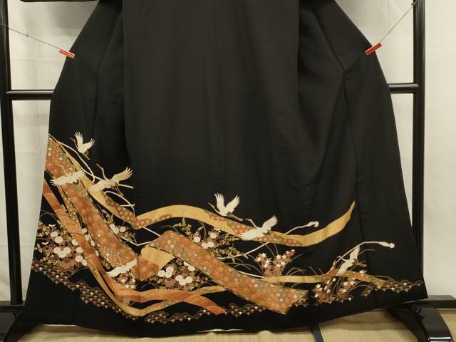 平和屋着物■豪華黒留袖　駒刺繍　飛鶴花熨斗文　金彩　正絹　逸品　DABJ2778ya