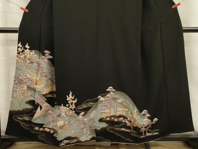 平和屋着物■豪華黒留袖　駒刺繍　風景花文　松竹梅　金彩　正絹　逸品　DABJ2785ya