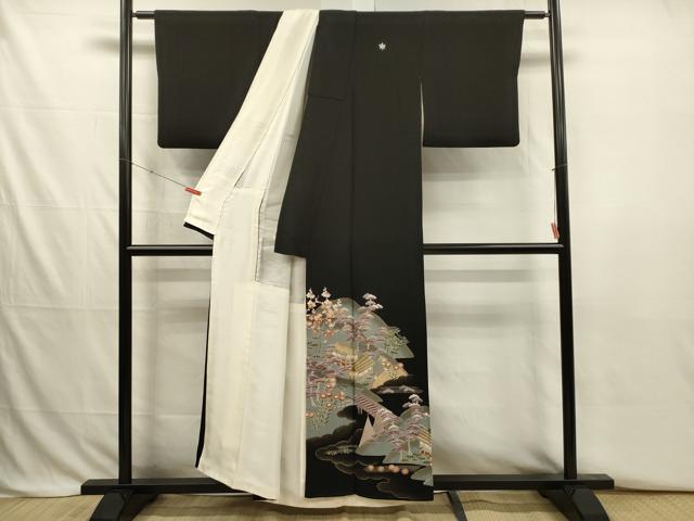 平和屋着物■豪華黒留袖　駒刺繍　風景花文　松竹梅　金彩　正絹　逸品　DABJ2785ya