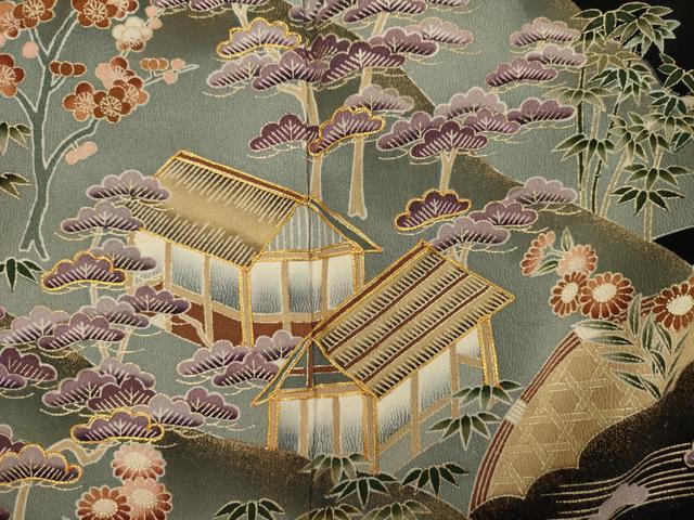 平和屋着物■豪華黒留袖　駒刺繍　風景花文　松竹梅　金彩　正絹　逸品　DABJ2785ya