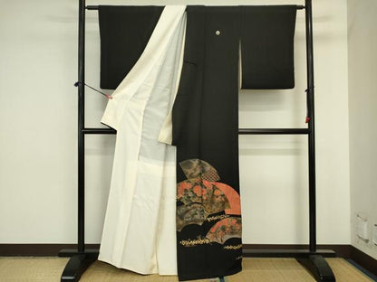 平和屋着物■豪華黒留袖　地紙飛鶴花文　金銀彩　正絹　逸品　DABJ2824ya