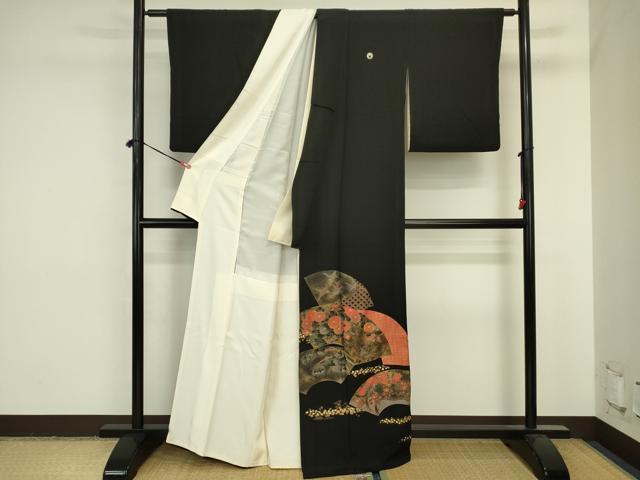 平和屋着物■豪華黒留袖　地紙飛鶴花文　金銀彩　正絹　逸品　DABJ2824ya