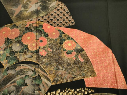 平和屋着物■豪華黒留袖　地紙飛鶴花文　金銀彩　正絹　逸品　DABJ2824ya