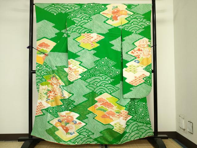 平和屋着物■豪華振袖　駒刺繍　絞り　松皮菱花松文　牡丹　金彩　正絹　逸品　DABJ2838ya