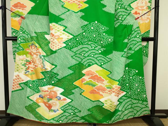 平和屋着物■豪華振袖　駒刺繍　絞り　松皮菱花松文　牡丹　金彩　正絹　逸品　DABJ2838ya